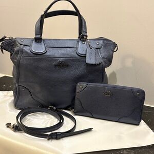 Coach Mickie Dark Blue Metallic Leather Tote and Wallet Set